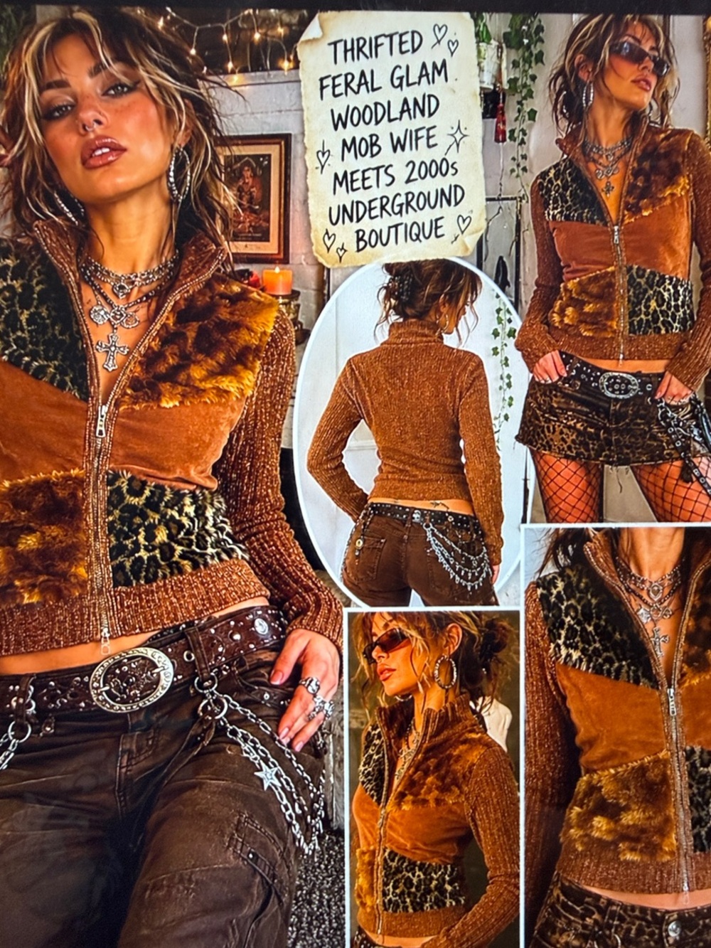 Vintage Lisa International Patchwork Faux Fur Animal Print Jacket Sweater